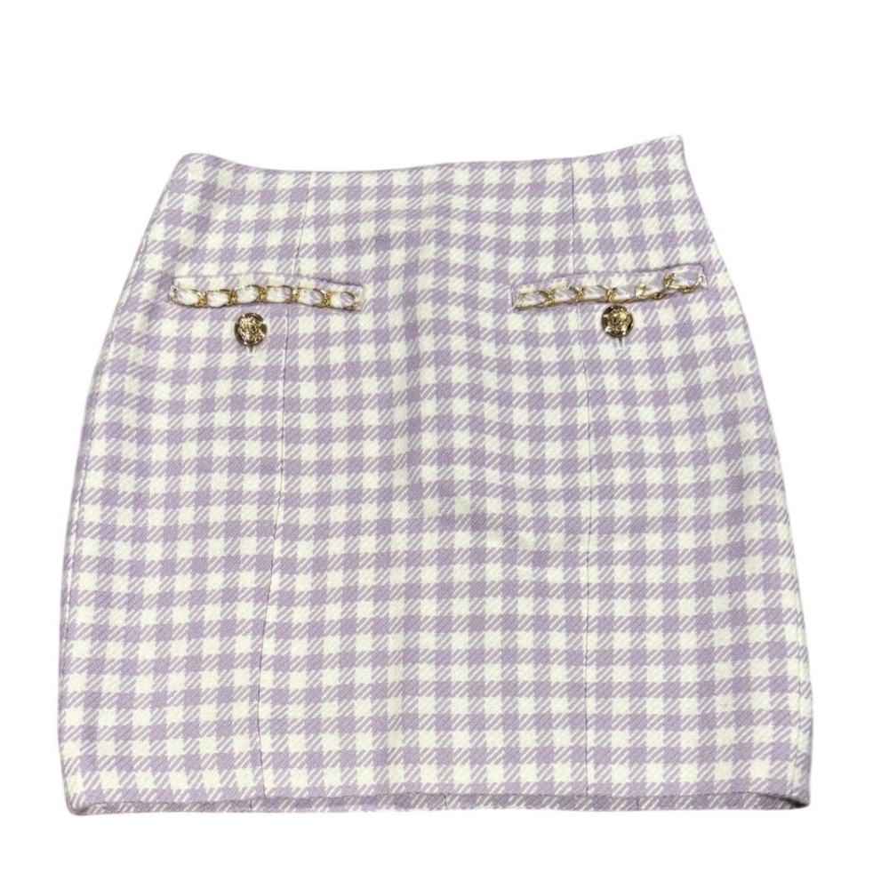 Guess Lavender Houndstooth Tweed Mini Skirt Gold Chain Detail Purple‎ White XS